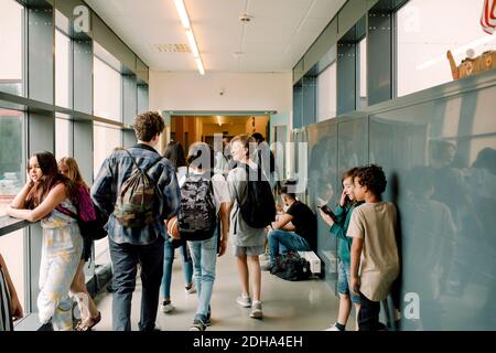 Vista posteriore degli studenti che camminano nel corridoio scolastico Foto Stock