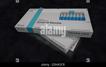 Linea di produzione di confezioni di vaccini Covid-19. Preparazione, imballaggio e spedizione della vaccinazione con coronavirus sars-COV-2. Una scatola per siringhe con dosi. Riassunto c Foto Stock