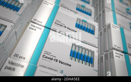 Linea di produzione di confezioni di vaccini Covid-19. Preparazione, imballaggio e spedizione della vaccinazione con coronavirus sars-COV-2. Una scatola per siringhe con dosi. Riassunto c Foto Stock