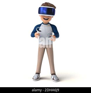 Divertente illustrazione 3D di un bambino di cartoni animati con una realtà virtuale casco Foto Stock