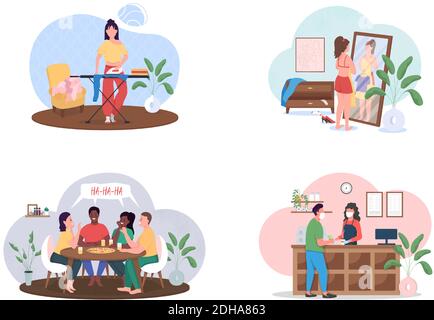 Set di caratteri vettoriali a colori piatti senza volto di routine Lockdown Illustrazione Vettoriale