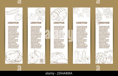 Striscioni orizzontali per il Ringraziamento con tacchino, torta di zucca, cornucopia, zucche colorate, altre verdure, frutta, bacche e foglie. Illustrazione Vettoriale