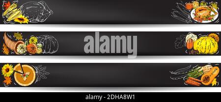 Set di striscioni orizzontali con tacchino, torta di zucca, cornucopia, zucche colorate, altre verdure, frutta, berrye e foglie d'autunno. Illusione vettoriale Illustrazione Vettoriale