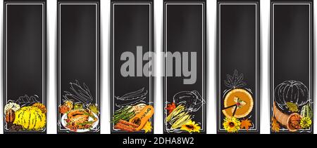 Gesso vettoriale Banners orizzontali per il Ringraziamento con tacchino, torta di zucca, cornucopia, zucche colorate, altre verdure, frutta, bacche Illustrazione Vettoriale