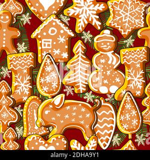 Texture infinita con i simboli di Natale tradizionali. Motivo vettoriale senza cuciture per il tuo design festivo, tessuti, sfondi, biglietti d'auguri, Illustrazione Vettoriale