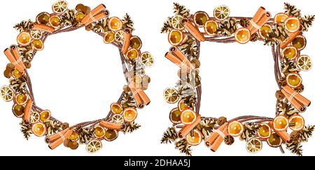 Vector Round corona di Natale e cornice con bastoncini di cannella, arance secche, noce, coni isolati su bianco. Per le decorazioni natalizie, gli annunci, c Illustrazione Vettoriale