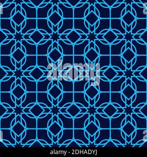 Disegno vettoriale senza giunture arabo ornamentale. Motivi geometrici in stile orientale con sfondo blu. Motivi aggiunti al pannello campione. Illustrazione Vettoriale