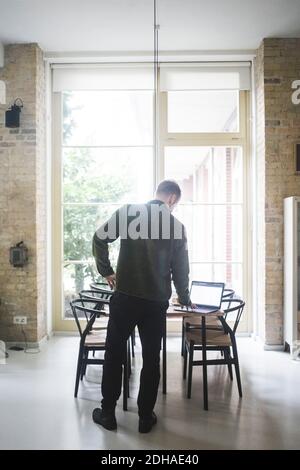 Vista posteriore di un architetto maschile che lavora su un computer portatile a casa Foto Stock