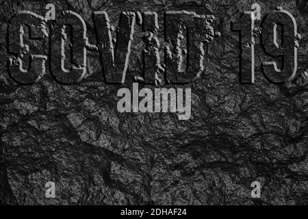 Iscrizione volumetrica, covid 10, estrusa dalla tessitura di pietra nera. illustrazione 3d Foto Stock