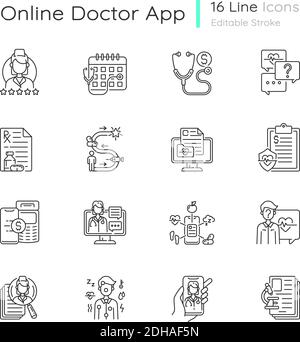 Set di icone lineari dell'app medico online Illustrazione Vettoriale
