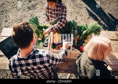 Vista ad angolo alto di coltivatori che organizzano verdure in cassa a. mercato Foto Stock