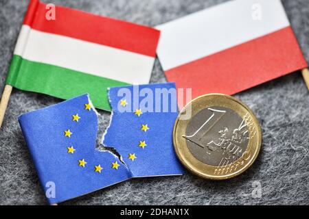 Erbringung und Verkauf von Ungarn und Verkauf von Euromünze, EU-Haushaltsstreit Foto Stock