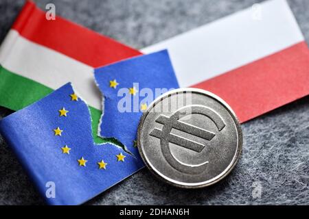 Erbringung und Verkauf von Ungarn und Verkauf von Euromünze, EU-Haushaltsstreit Foto Stock