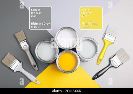 Dimostrazione dei colori dell'anno 2021 - Grigio e giallo. Quattro lattine di vernice aperte con pennelli su sfondo luminoso. Foto Stock