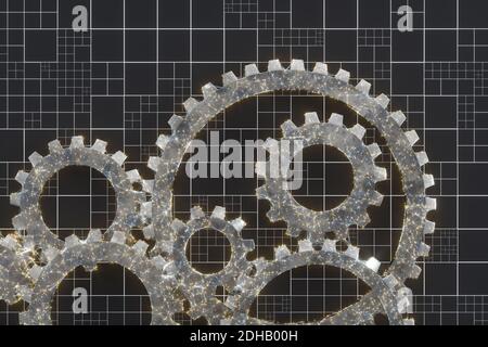 Ingranaggi meccanici e linee di progetto, rendering 3d. Disegno digitale per computer. Foto Stock