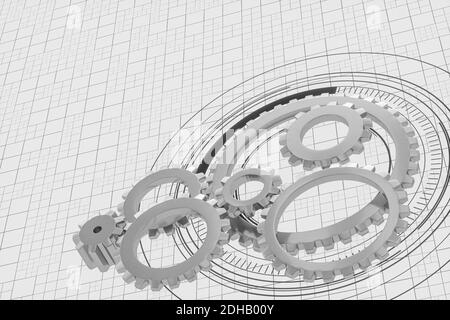 Ingranaggi meccanici e linee di progetto, rendering 3d. Disegno digitale per computer. Foto Stock