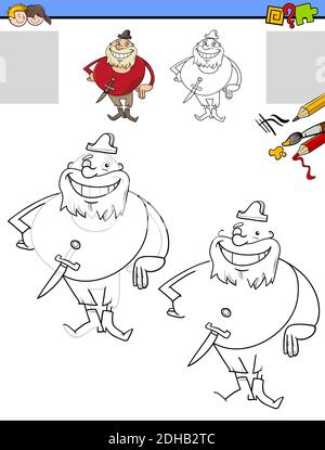 Illustrazione cartoon di disegno e colorazione attività educative per i bambini con carattere pirata Illustrazione Vettoriale