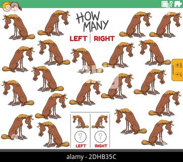 Illustrazione cartoon del compito educativo di contare a sinistra e a destra immagini orientate del carattere animale della fattoria del cavallo Illustrazione Vettoriale