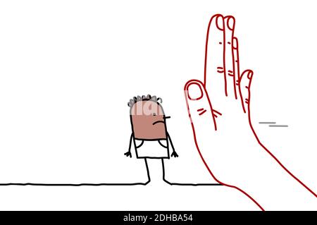 Mano disegnata Grande mano con personaggio Cartoon - segnale di stop Di fronte a un uomo nero Illustrazione Vettoriale