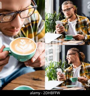 collage di giovani freelance che tengono una tazza di caffè con latte art, sorridendo e chattando sullo smartphone vicino al computer portatile Foto Stock