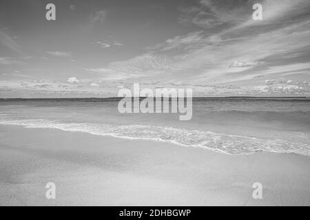Spiaggia di sabbia e onde in bianco e nero. Vista tranquilla durante il tramonto sul mare. Onde calme che spruzzano l'orizzonte del mare e l'umore drammatico Foto Stock