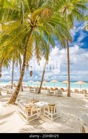 Panorama resort spiaggia verticale. Charis con tavolo, lounge chill area sul ponte di legno vicino al mare. Hotel tropicale, scenario di vacanza di lusso Foto Stock