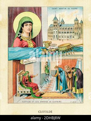 Antico ritratto di litografia a colori di Santa Clotilde (475-545) Principessa di Borgogna, divenne Regina dei Franchi sposando Clovis i, che aiuta a convertirsi al cristianesimo. Fu canonizzata intorno al 550 o al 560. Francia. Les Français Illubres di Gustave Demoulin 1897 Foto Stock