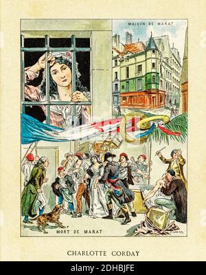 La vecchia litografia a colori di Charlotte Corday (Saint-Saturnin-des-Ligneries 1768 - Parigi 1793) Marie Anne Charlotte de Corday d'Armont, ghigliottinata il 17 luglio 1793 a Parigi, è un personaggio della Rivoluzione francese, famosa per aver assassinato Jean-Paul Marat il 13 luglio 1793. Francia. Les Français Illubres di Gustave Demoulin 1897 Foto Stock