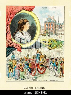 Vecchio ritratto di litografia a colori di Madame Roland. Manon Roland de la Platière, Jeanne Marie Phlipon (1754-1793) ghigliottinata a Parigi l'8 novembre, figura politica che fu la musa dei Girondisti e dei Romantici; fu una delle figure della Rivoluzione francese e giocò un ruolo importante nel partito della Gironda. Dal 1791 al 1793 ha spinto il marito, Jean-Marie Roland de la Platière, in prima linea nella vita politica. Francia. Les Français Illubres di Gustave Demoulin 1897 Foto Stock