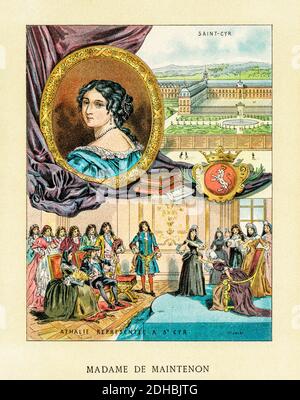 Antico ritratto di litografia a colori di Madame de Maintenon. Françoise d'Aubigné o d'Aubigny, (1635-1719) signora francese del XVII e XVIII secolo, era la moglie e più tardi la vedova di Paul Scarron. Marchesa di Maintenon. È il fondatore della Casa reale di Saint-Louis. Governante dei figli naturali di Luigi XIV e della sua amante Madame de Montespan, seconda moglie di Luigi XIV di Francia. Les Français Illubres di Gustave Demoulin 1897 Foto Stock