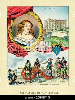 Vecchio ritratto di litografia a colori di Anne Marie Louise d'Orleans, Grande Mademoiselle (1627-1693) Duchessa di Montpensier, Delfino d'Auvergne, Contessa d'UE e Mortain e la Principessa di Joinville e Dombes. Figlia di Gaston de Orleans e Marie de Bourbon e nipote di Enrico IV, una formidabile donna d'affari. Francia. Les Français Illubres di Gustave Demoulin 1897 Foto Stock