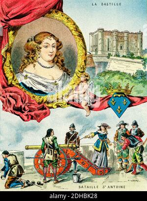 Vecchio ritratto di litografia a colori di Anne Marie Louise d'Orleans, Grande Mademoiselle (1627-1693) Duchessa di Montpensier, Delfino d'Auvergne, Contessa d'UE e Mortain e la Principessa di Joinville e Dombes. Figlia di Gaston de Orleans e Marie de Bourbon e nipote di Enrico IV, una formidabile donna d'affari. Francia. Les Français Illubres di Gustave Demoulin 1897 Foto Stock