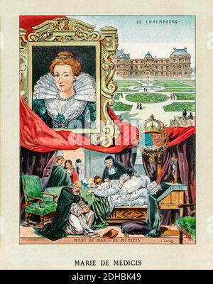 Antica litografia a colori ritratto di Maria de' Medici (Firenze 1575 - Colonia 1642) Principessa del Granducato di Toscana dalla nascita, Regina consorte di Francia, moglie del Re Enrico IV e Regina Reggente di Francia. Collezionista e patrono delle arti Francia. Les Français Illubres di Gustave Demoulin 1897 Foto Stock