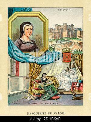 Antico ritratto di litografia a colori di Marguerite de Navarre. Marguerite d'Angoulême. Marguerite de Valois-Angoulême (1492-1549) Duchessa di Alençon, Duchessa di Berry, regina consorte del re Enrico II di Navarra. Soprannominato il decimo delle muse, l'Heptaméron breve storia collezione. La Perla dei Valois. Francia. Les Français Illubres di Gustave Demoulin 1897 Foto Stock