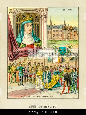 Antico ritratto di litografia a colori di Anne de Beaujeu. Anne de France (1461-1522) principessa e reggente del regno di Francia. Figlia maggiore del re Luigi XI e di Charlotte di Savoia, una delle donne più potenti d'Europa alla fine del XV secolo, soprannominata Madame la Grande. Francia. Les Français Illubres di Gustave Demoulin 1897 Foto Stock