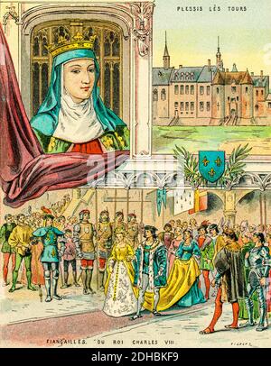 Antico ritratto di litografia a colori di Anne de Beaujeu. Anne de France (1461-1522) principessa e reggente del regno di Francia. Figlia maggiore del re Luigi XI e di Charlotte di Savoia, una delle donne più potenti d'Europa alla fine del XV secolo, soprannominata Madame la Grande. Francia. Les Français Illubres di Gustave Demoulin 1897 Foto Stock