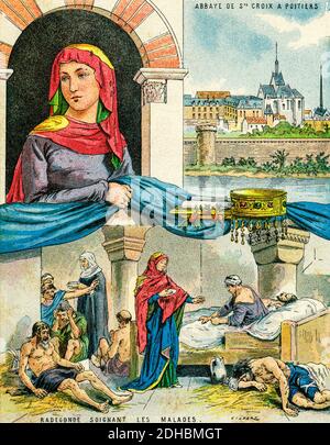 Antico ritratto di litografia a colori di Radegund (520-587), principessa Turingia e regina dei Franchi, che fondò l'Abbazia della Santa Croce a Poitiers. Patrono di diverse chiese in Francia e in Inghilterra e del Jesus College di Cambridge. Francia. Les Français Illubres di Gustave Demoulin 1897 Foto Stock