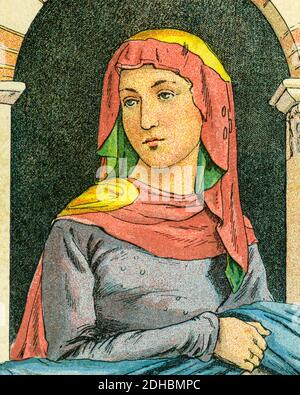 Antico ritratto di litografia a colori di Radegund (520-587), principessa Turingia e regina dei Franchi, che fondò l'Abbazia della Santa Croce a Poitiers. Patrono di diverse chiese in Francia e in Inghilterra e del Jesus College di Cambridge. Francia. Les Français Illubres di Gustave Demoulin 1897 Foto Stock
