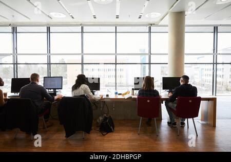 Vista posteriore dei giovani amici che usano il computer dell'università Foto Stock