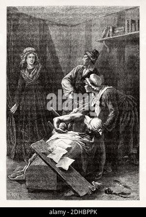 Morte di Jean-Paul Marat, 13 luglio 1793 (1743-1793) politico, medico e giornalista francese. Francia. Antica illustrazione dell'incisione del XIX secolo. Les Français Illubres di Gustave Demoulin 1897 Foto Stock