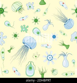 Modelli senza cuciture con meduse, ameba, Paramecium e altri animali che vivono in serbatoi. Organismi di acqua dolce. Sfondo vettoriale Illustrazione Vettoriale