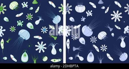Due ripetizioni senza giunture. Sfondo con meduse, ameba, Paramecium e altri animali. Sfondo vettoriale per il vostro design, biologico, scientifico Illustrazione Vettoriale