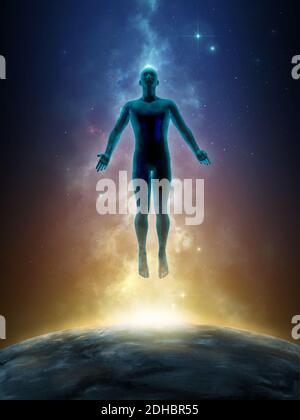 Silhouette uomo che galleggia su uno sfondo colorato. Illustrazione digitale. Foto Stock