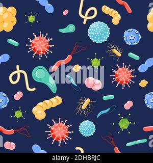 virus e batteri di fondo. Pattern senza cuciture. Patogeni e microbi. Illustrazione vettoriale per uso progettuale, biologico, scientifico ed educativo Illustrazione Vettoriale