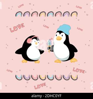 Cartoon Penguin tratta la ragazza con gelato Illustrazione Vettoriale