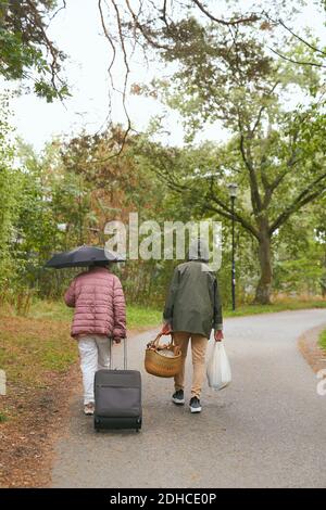 Vista posteriore di nonna e nipote con bagagli a piedi strada nel parco durante la stagione delle piogge Foto Stock