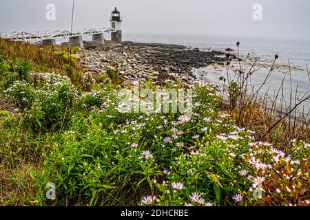 La nebbia scende sul faro di Marshall Point vicino a Port Clyde, Maine. L'attuale faro è stato costruito nel 1832 su un punto roccioso di terra vicino alla foce del porto di Port Clyde ed è stato presentato nella grande immagine di movimento Forrest Gump. Foto Stock