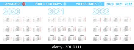 Semplice modello di calendario in lettone per 2020, 2021, 2022 anni. La settimana inizia dal lunedì. Illustrazione vettoriale. Illustrazione Vettoriale