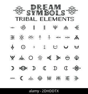 Alfabeto tribale e ornamenti. Lettere e simboli in stile etnico geometrico. Aztec e nativo americano tessuto stile. Illustrazione vettoriale Illustrazione Vettoriale
