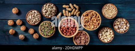 Panorama NUTS. Noci, anacardi, arachidi, nocciole, mandorle, pinoli e pistacchi Foto Stock
